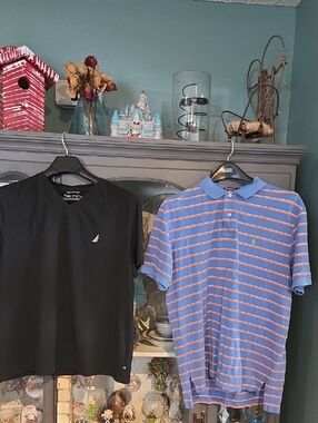Nautica Black V-Neck Tee & Blue with Pink Stripe Polo